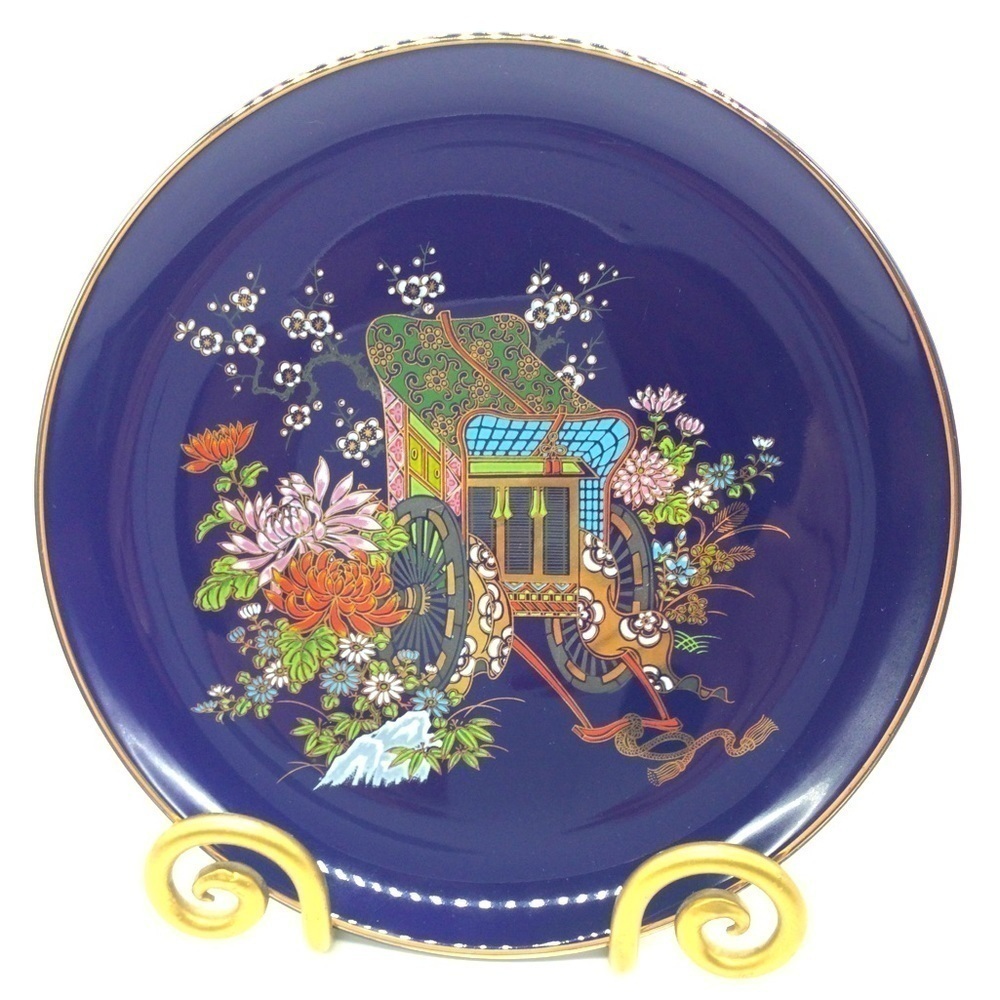 Cobalt blue Kutani Japan Plate Rockshaw Carriage floral hand painted 9” gold rim